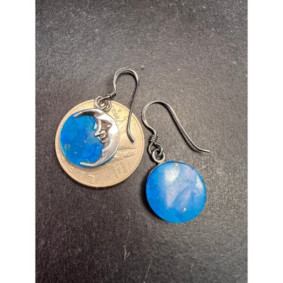 Vintage Sterling Silver Crescent Moon Blue Stone Dangle Earrings - Picture 4 of 8